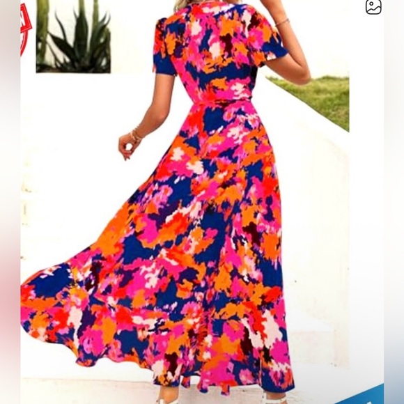 Women's High-Low Wrap Maxi Dress in Pink & Navy Floral - Picture 2 of 8